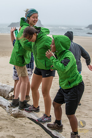 Testing Their Balance: Cynthia Kim (top left), Alynne Bankston (middle), and Angel Telfair (bottom right) perch themselves on a piece of driftwood.