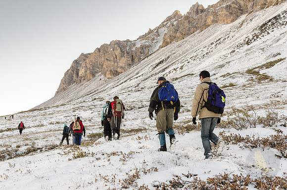 The traditional hike through Atigun Gorge to the waterfall. Early snowfall made for a memorable hike through the frozen tundra..