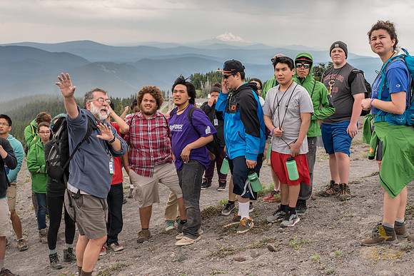 Dr. Jim Beget gives an animated lecture about the geology and glaciers seen on Mount Hood.